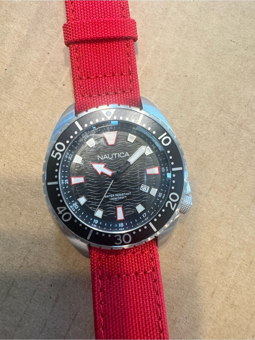 Nautica Men's Red Canvas Strap Watch with Black Dial and Silver Case